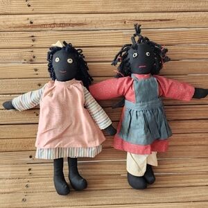 Vintage lot of 2 African American cloth rag dolls stitched eyes